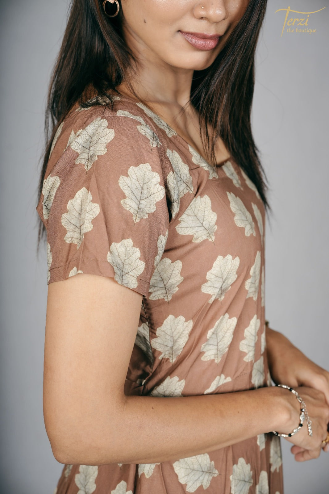 Beige Flower print Designer Maxi Frocks