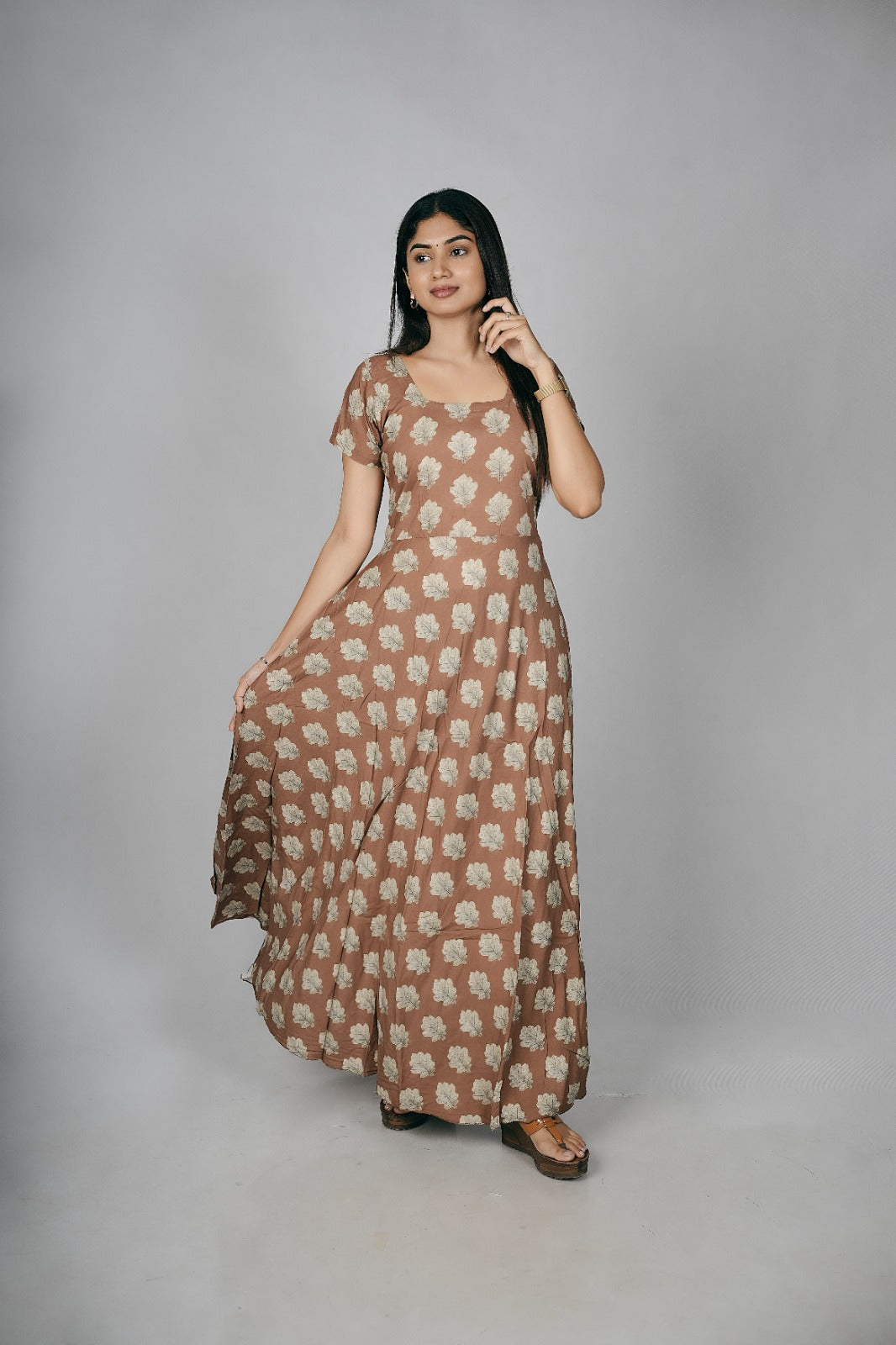 Beige Flower print Designer Maxi Frocks