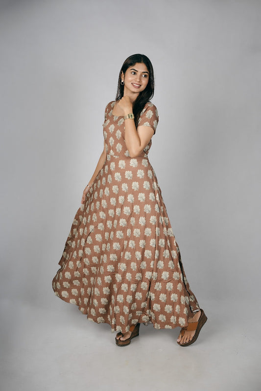 Beige Flower print Designer Maxi Frocks